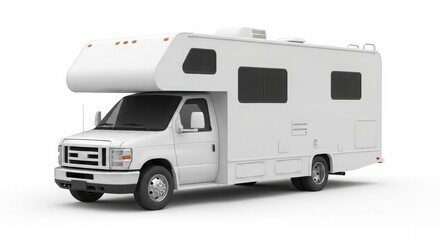 White camper van, isolated on a plain white background, full view.