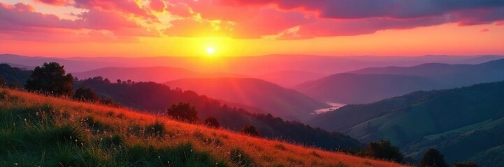 Serene sunrise paints the rolling hills with vibrant hues of orange and pink, casting long shadows across the tranquil landscape A picturesque scene of nature's awakening , orange, grass