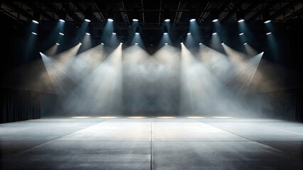 Fototapeta premium Empty stage of the theater lit by spotlights concept. Illuminated stage with dramatic lighting and hazy background.