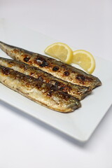 Traditional Korean Grilled Pacific Saury Fish (Ggongchi Gui) on White Background – Authentic Asian Cuisine, Healthy Seafood Dish