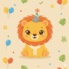 Naklejka premium Adorable Cartoon Lion Cub Wearing Party Hat.