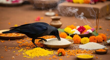 Crow eating rice from ritual plate during traditional Hindu Shraddha ceremony with flowers, incense, and offerings, symbolizing ancestors’ remembrance and cultural devotion.