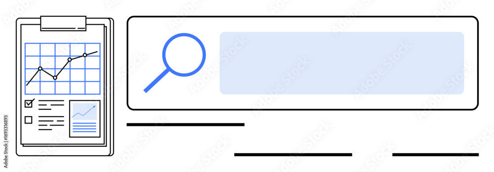 Aufkleber clipboard features a rising line chart and checklist beside a magnifying glass within a search bar. 
