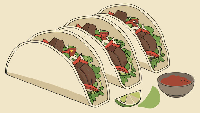 tacos with meat, vegetables, lime, and sauce clip art preview
