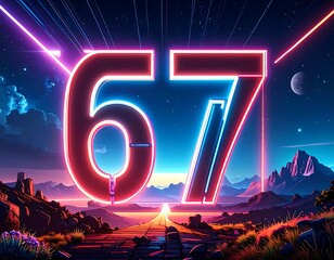 Futuristic landscape with glowing numbers 67