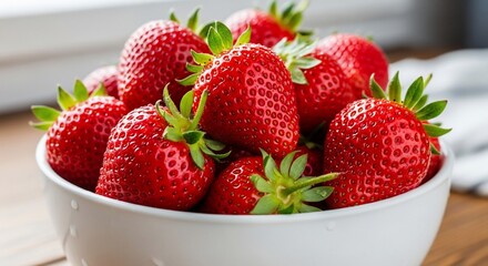 A close-up of a white bowl filled with ripe, red strawberries with green stems, sitting on a blurred background.