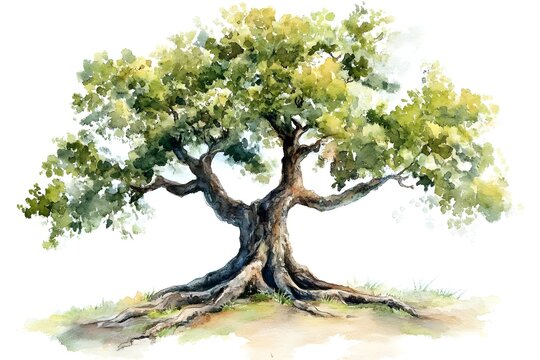 Watercolor painting of an oak tree with roots on a white background.