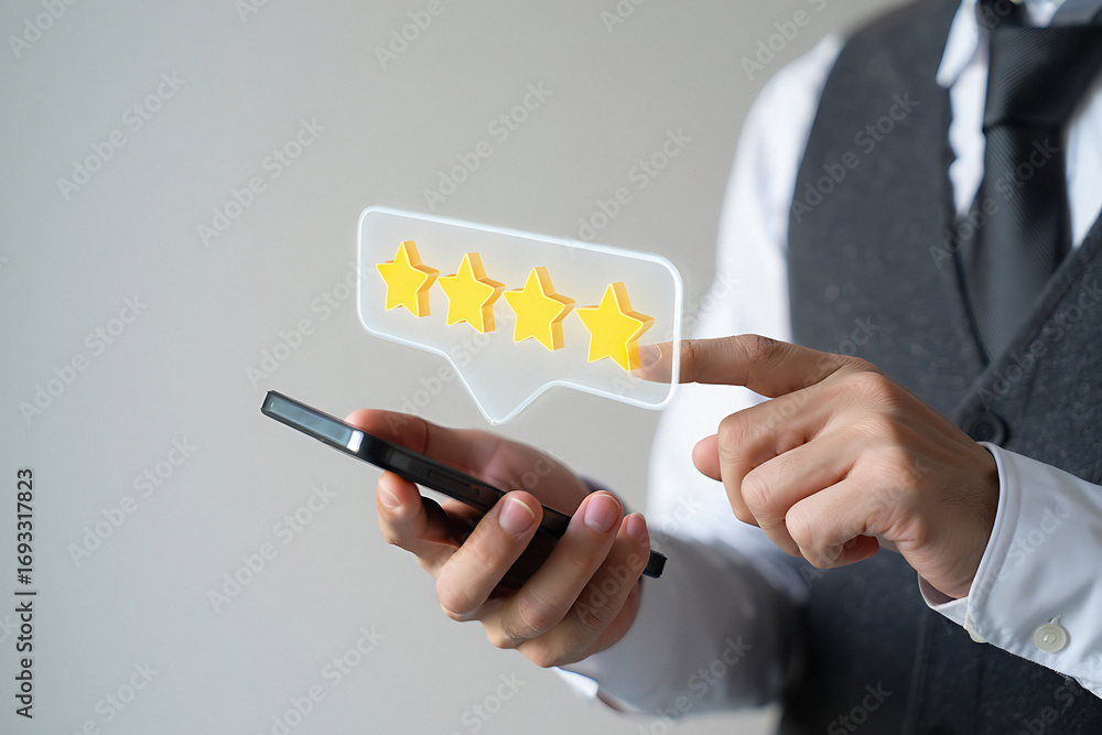 Poster businessman using smartphone with futuristic holographic display showing data and analytics