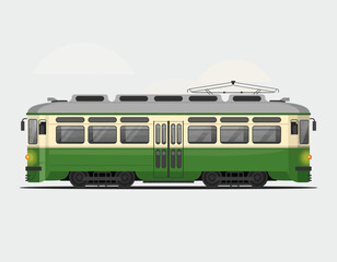 A side view of a vintage green tram captures the essence of classic public transportation, surrounded by a soft city background that highlights its style and period charm.