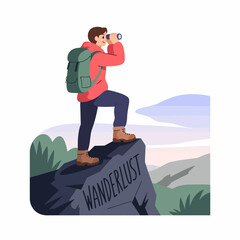 An explorer, clad in red, surveys the stunning landscape from a rocky summit, embodying the spirit of adventure and the joy of discovery in nature.