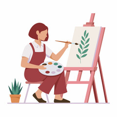 An artist is seated and painting a leafy design on canvas, displaying their artistic skills in a serene setting filled with a plant, showcasing a love for nature and creativity.