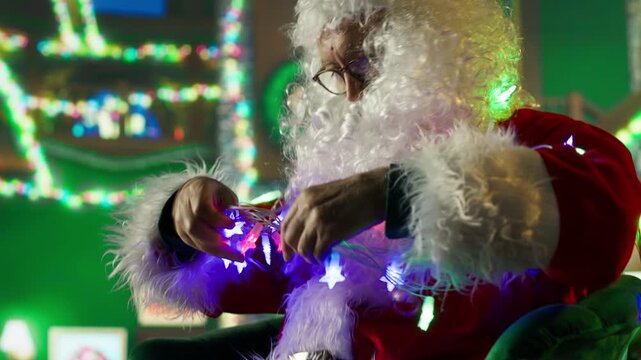 Professional Santa Claus knotted in xmas lights while decorating room with stockings, fireplace, ornaments and other holiday props, trying to get untangled from Christmas led lights, camera A