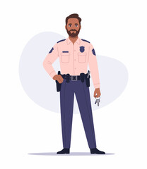 A cheerful police officer stands confidently, showcasing his badge. He holds a set of keys in hand, representing authority and community trust in law enforcement.