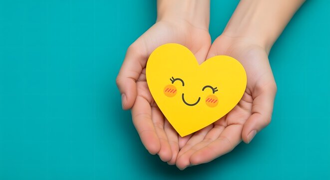 Hands holding yellow heart with smiling face on blue background, symbolizing kindness, care, happiness, love, and emotional well-being.