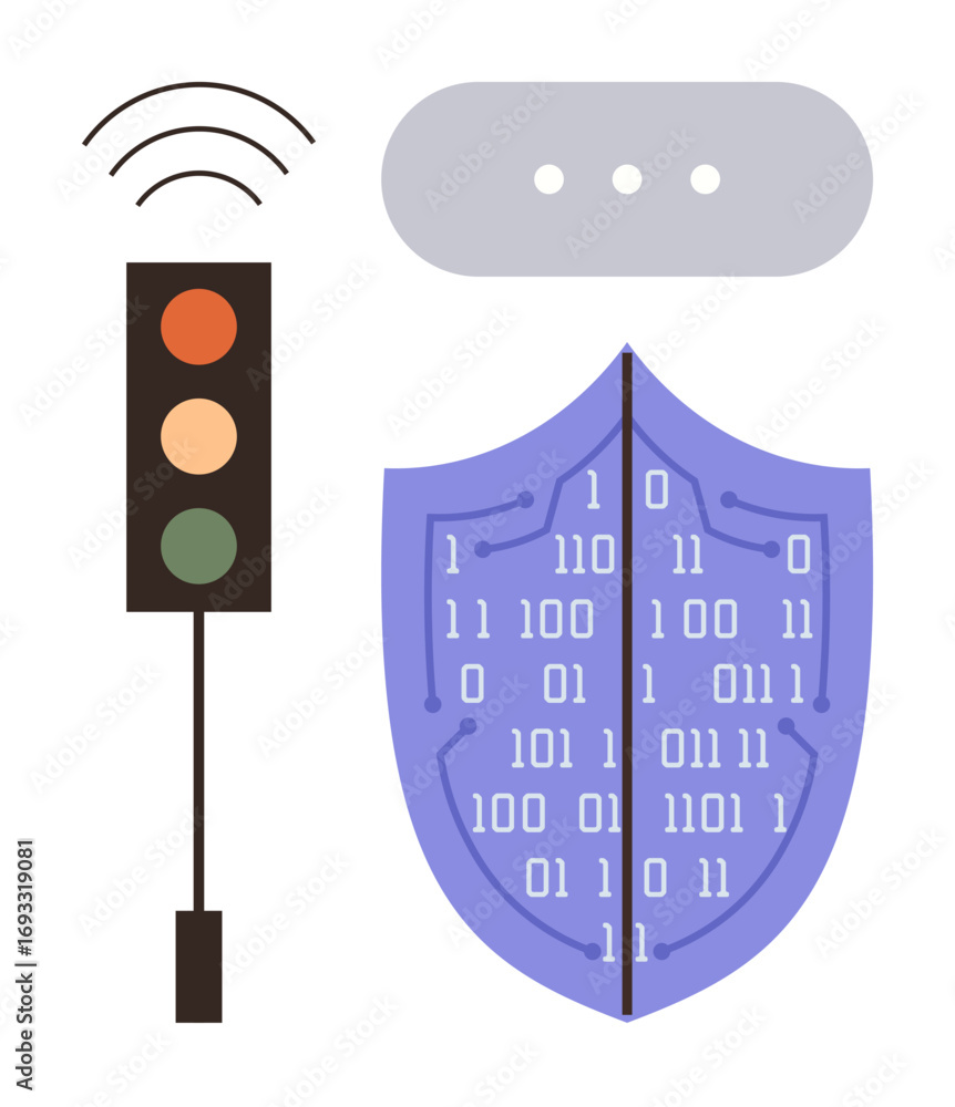 Poster shield with binary code, traffic light emitting signals, and wireless-thumbs up waves. ideal for cyb