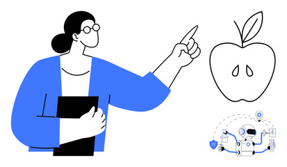 Teacher holding tablet, pointing at an apple illustration. Small robot represents AI. Ideal for education, AI learning, teaching, technology, innovation, science outreach simple flat metaphor