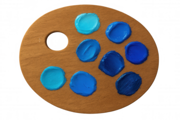 Wooden artist's palette displaying blue oil paint tones, scattered across surface, resting on transparent backdrop