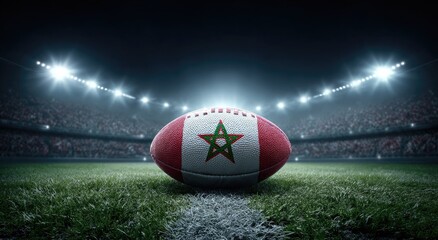 Rugby ball in Moroccan flag colors in a stadium at night