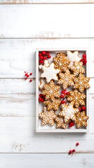 Festive snowflake-shaped gingerbread cookies in a white wooden tray. Red berries scattered around