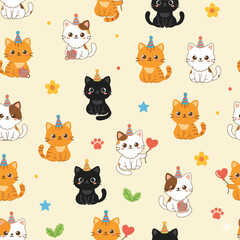 Cute cartoon cats wearing party hats and holding balloons.