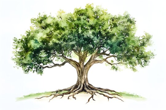 Watercolor painting of an oak tree with roots on a white background.