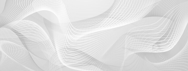 Curved lines create dynamic wave pattern on gray, abstract background.