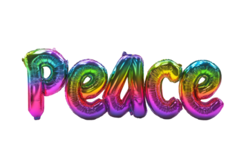 Rainbow-colored, stylized text of the word "Peace." The letters are formed like inflated balloons, with a glossy, iridescent surface and a vibrant gradient of colors, from red to violet