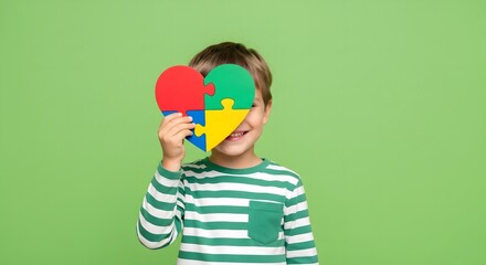 Smiling child holding colorful heart-shaped puzzle piece over face, symbolizing love, unity, diversity, learning, autism awareness, and childhood creativity.