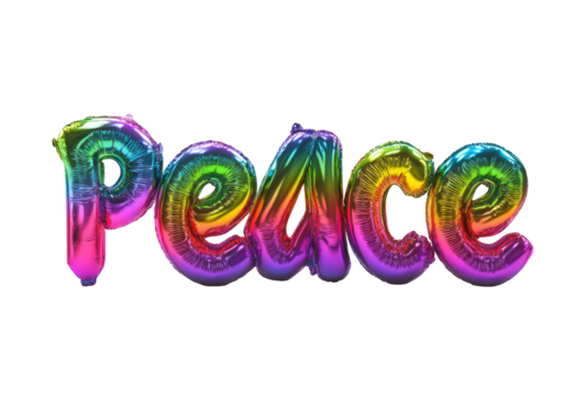 Rainbow-colored, stylized text of the word "Peace."  The letters are formed like inflated balloons, with a glossy, iridescent surface and a vibrant gradient of colors, from red to violet - Powered by Adobe