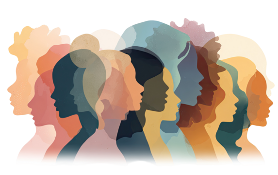 Diverse female profiles in soft colors, side view