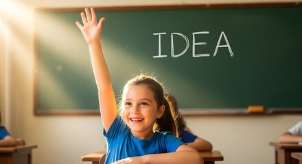 Smiling schoolgirl raising hand in classroom with word "IDEA" written on chalkboard, symbolizing creativity, curiosity, learning, and student participation in education.