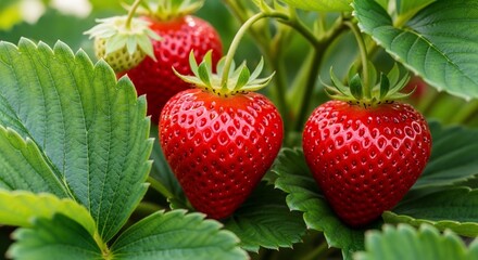 Close-up view of vibrant red strawberries ripening on a lush green plant in a garden, showcasing fresh organic produce.