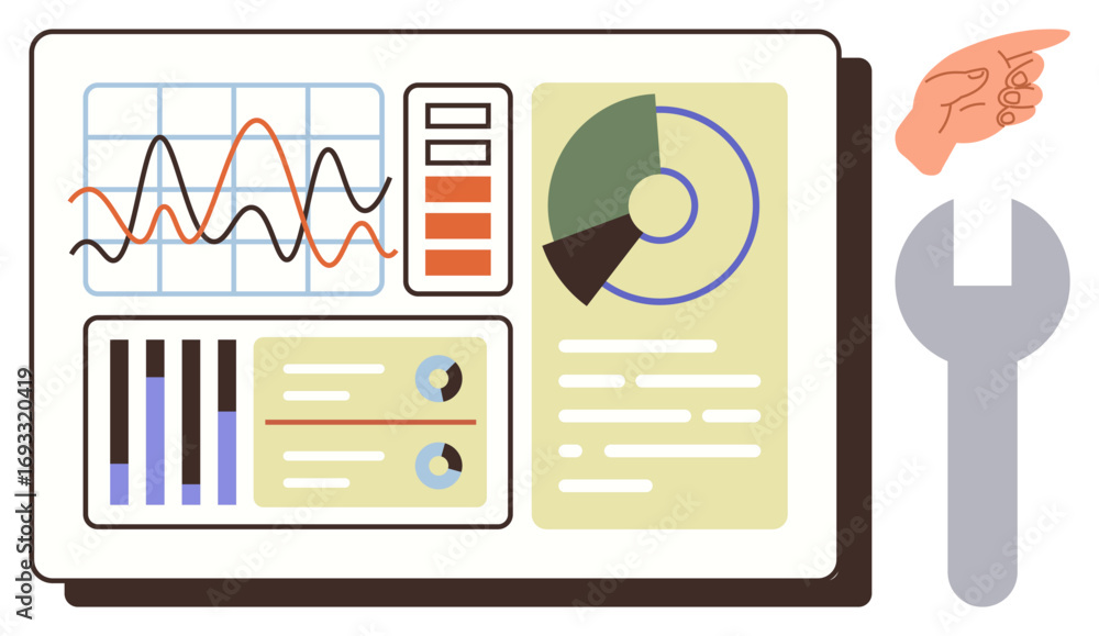 Poster multiple data charts, graphs, and visual elements on a dashboard with a hand pointing and a wrench. 