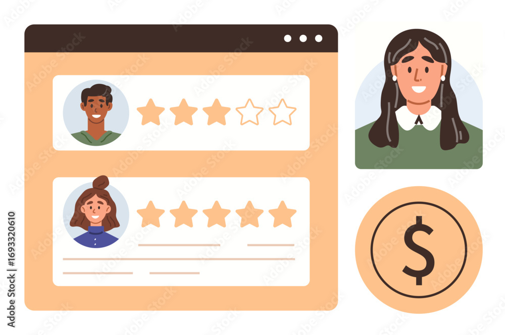Poster web interface displaying user profiles with star ratings, separate user avatar, and dollar sign. ide