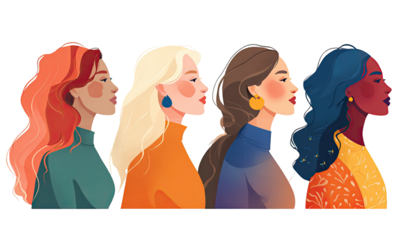 Four diverse women in profile view, various hairstyles and clothing