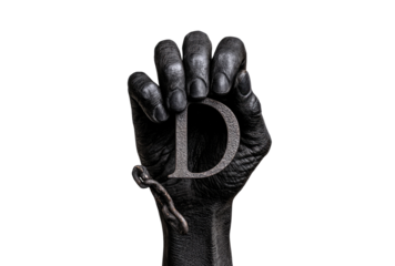 Dark hand holding letter "D" chained