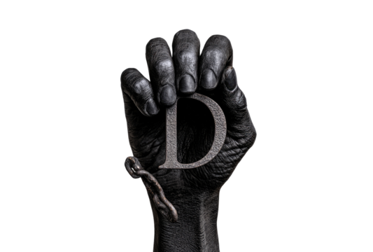Dark hand holding letter "D" chained