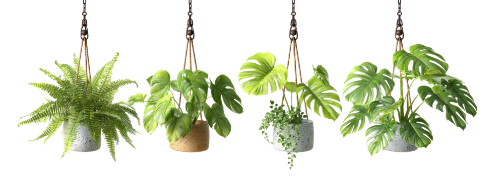 Four hanging plants in light beige pots