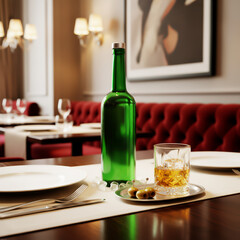 Obraz premium Green bottle and whiskey glass on restaurant table