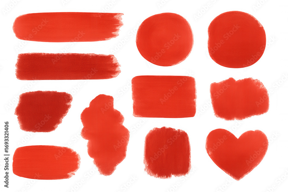Poster set of red paintbrush strokes, circles, squares, and a heart shape isolated on transparent backgroun