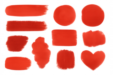 Set of red paintbrush strokes, circles, squares, and a heart shape isolated on transparent background