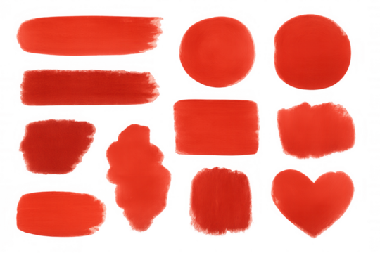 Set of red paintbrush strokes, circles, squares, and a heart shape isolated on transparent background