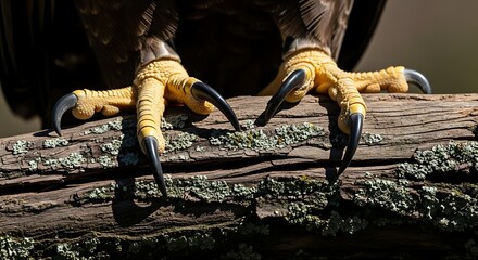 Obraz premium Close up of a golden eagle's talons gripping a mossy branch in the forest on a sunny day