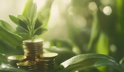 Restaurant business growth concept with coins and a plant growing on the money stack, on a green background for a financial site background