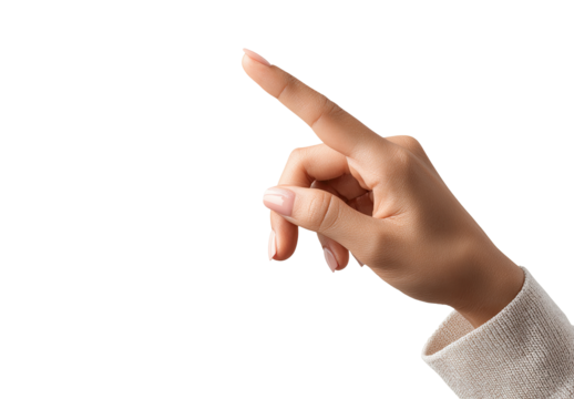 Close-up of a light-skinned hand pointing upwards