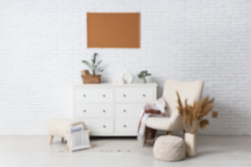 Armchair, pouf, pampas grass, frame and chest of drawers near white wall in room
