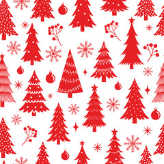 Obraz premium Christmas Holiday Seamless Pattern with Red Trees and Snowflakes.
