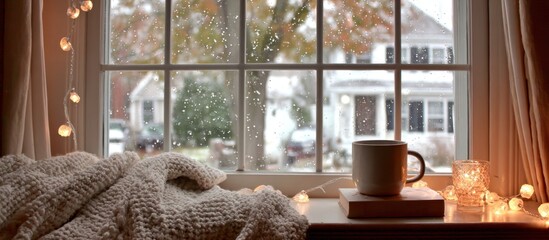 Cozy winter scene A warm mug rests on a book beside a soft blanket on a windowsill.  Fairy lights glow, and snow falls softly outside, showcasing a picturesque suburban view