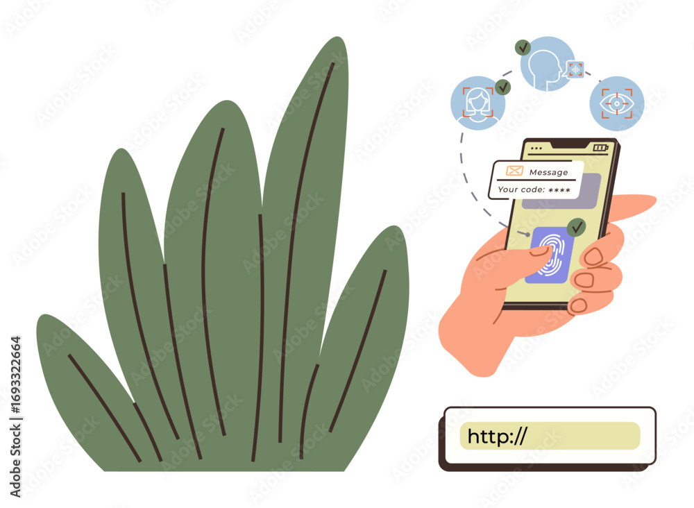 Poster smartphone with screen showing biometric fingerprint verification, password input, security icons, a