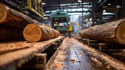 Wood Logs Moving on Conveyor Belt Inside Factory for Processing
